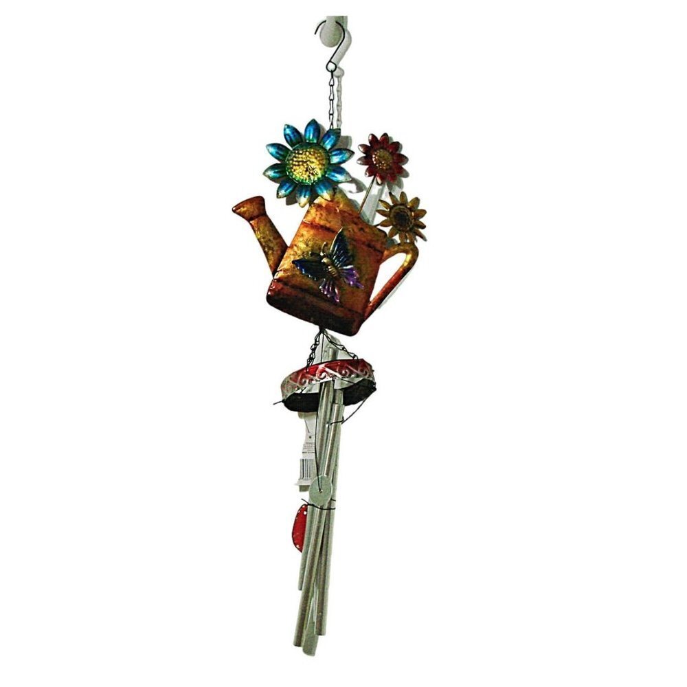 NEW True Living Outdoors Wind Chimes Bright Metal Water Can Floral Butterfly 26"